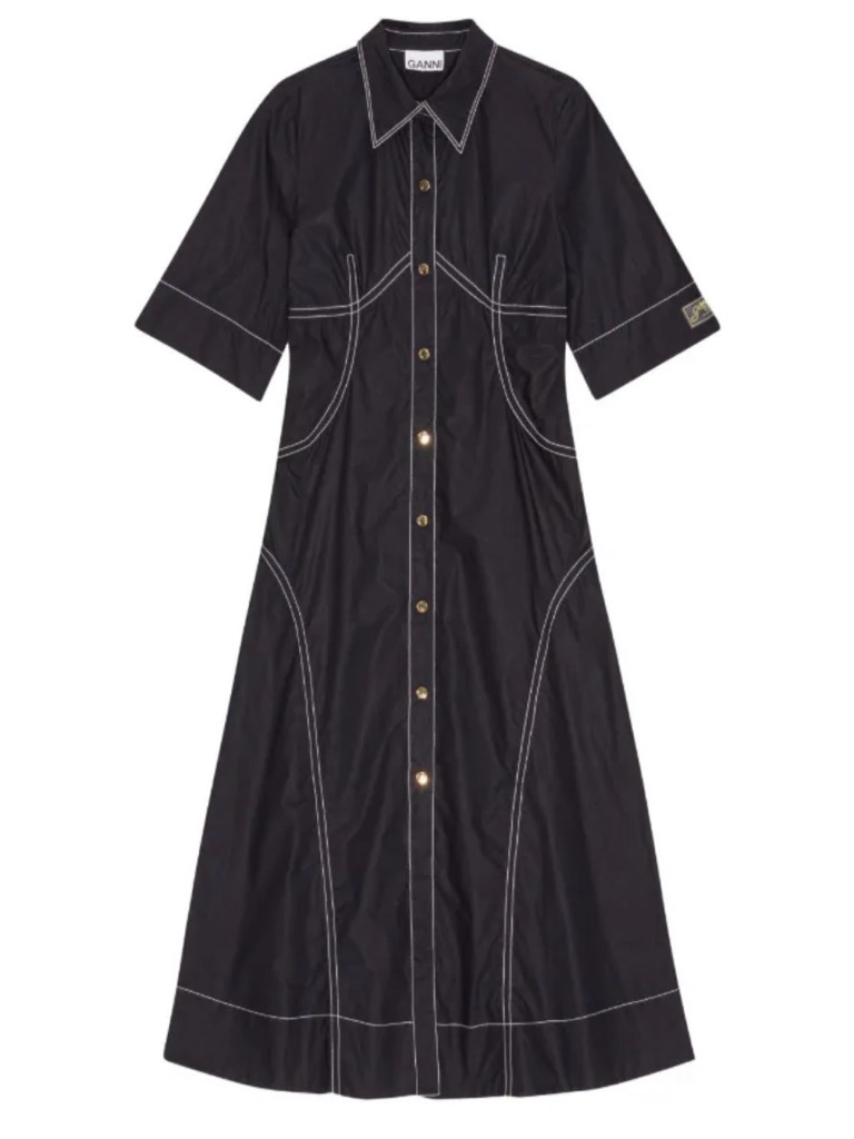 Ganni Black Maxi Shirt Dress With Contrast White Stitching